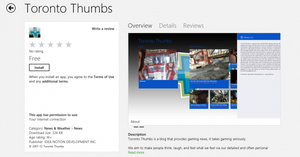 The Toronto Thumbs Win 8 App in the Windows Store!